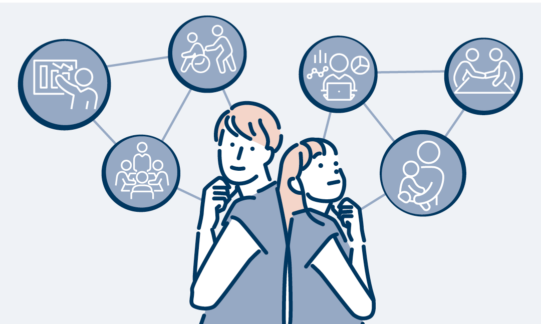 Ein Mann und eine Frau Rücken an Rücken, um sie herum Icons schwebend zur Arbeit und Familie