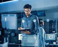 Mann mit Tablet steht in einem Kontrollraum mit Rechnern, im Vordergrund spiegelt sich ein Bildschirm 