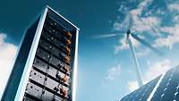 Stromspeicher mit Windrad und Solarpaneelen