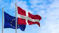 Die EU-Flagge und die Flagge von Dänemark wehen im Wind