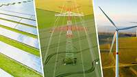 Photovoltaik, Strommast und Windrad in einer Bildcollage