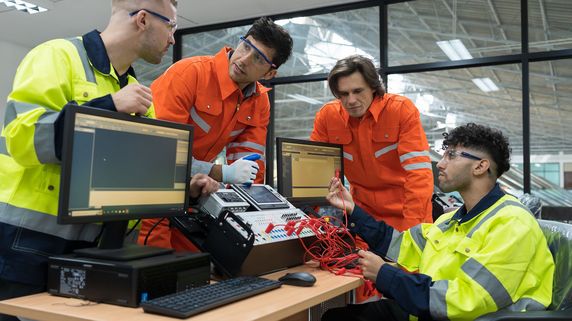 Vier junge Männer sitzen und stehen in einer Werkhalle an Geräten, einer erklärt Dinge