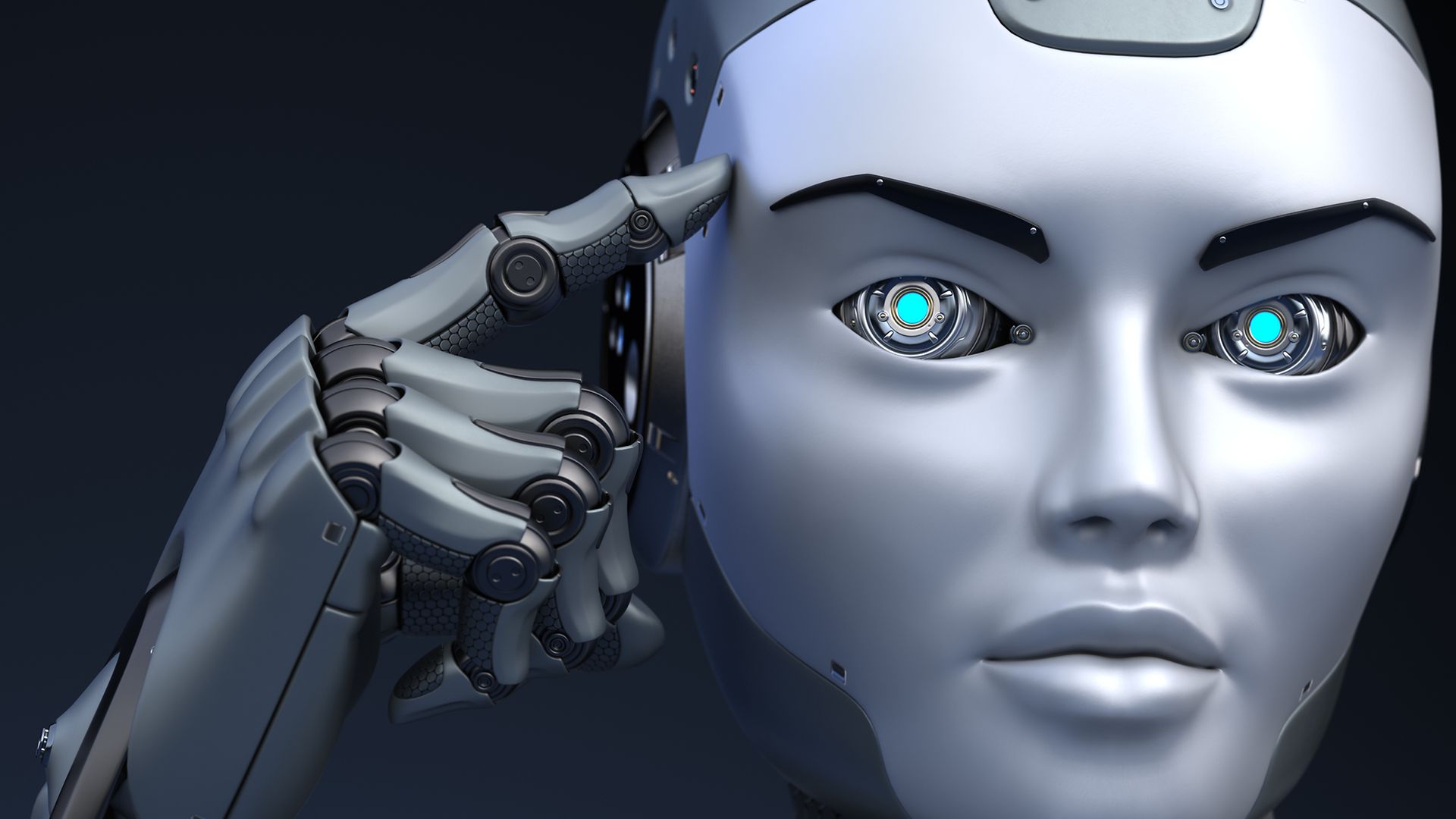 Kopf eines Roboters, der sich mit einem Finger an die Schläfe tippt
