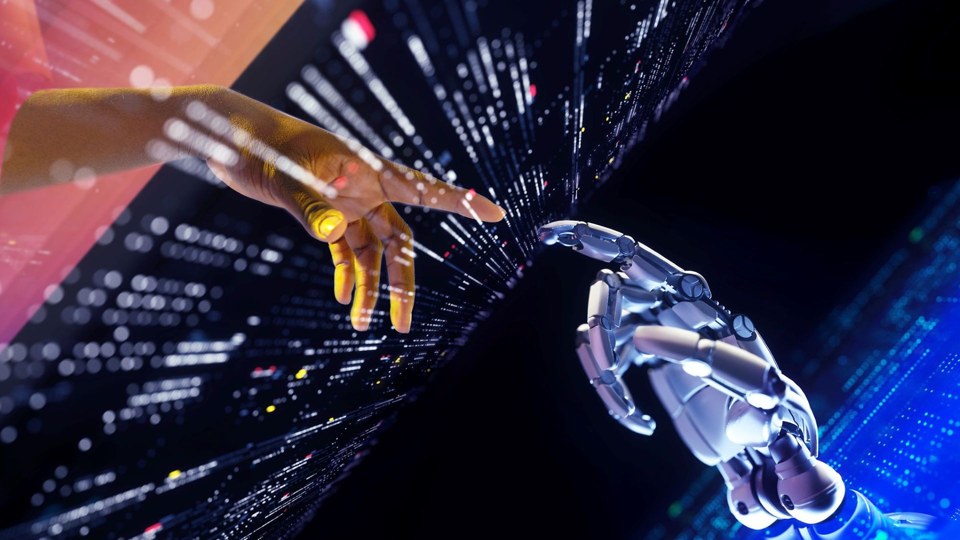Der Finger eines Robotors und der eines Menschen berühren sich beinahe