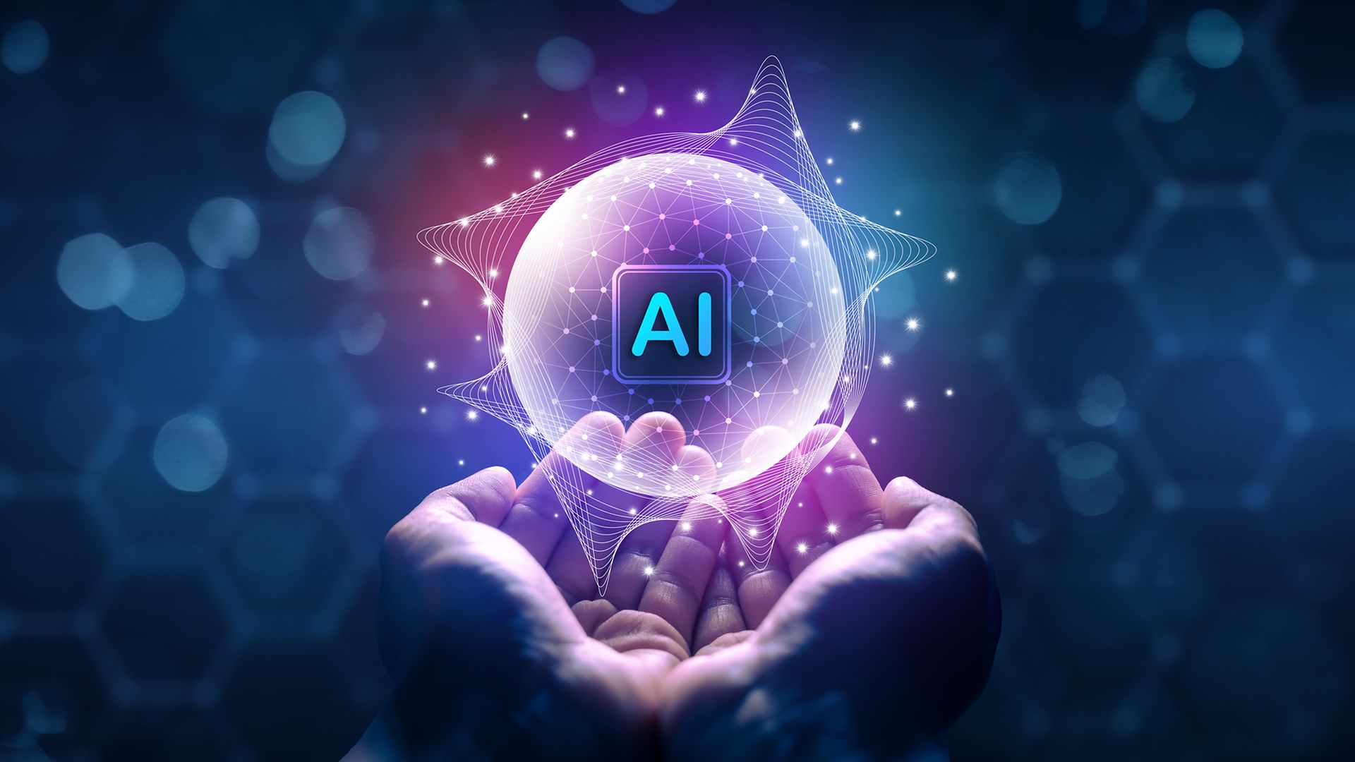 AI Kugel schwebt über Händen