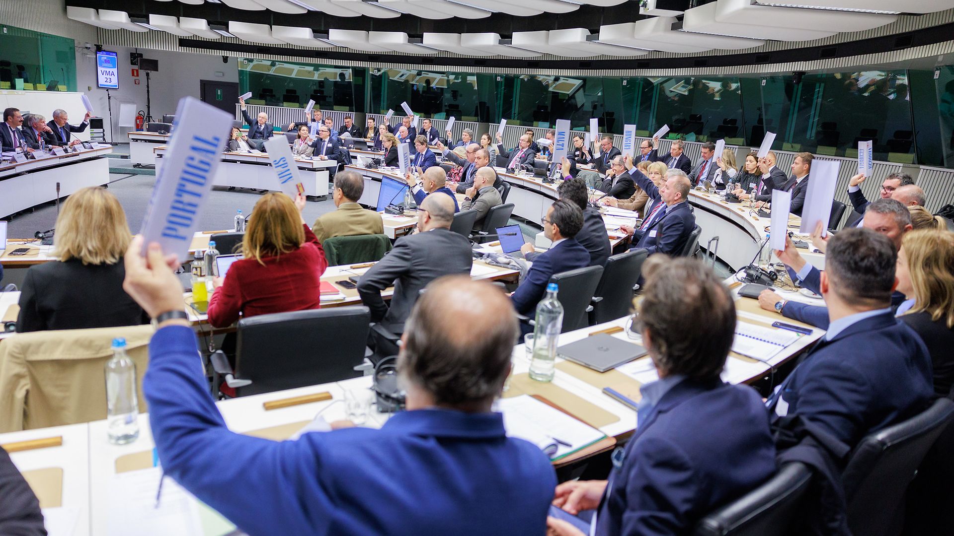 Ein Pelnum hebt für die Abstimmung ihre Länder-Schilder in die Höhe