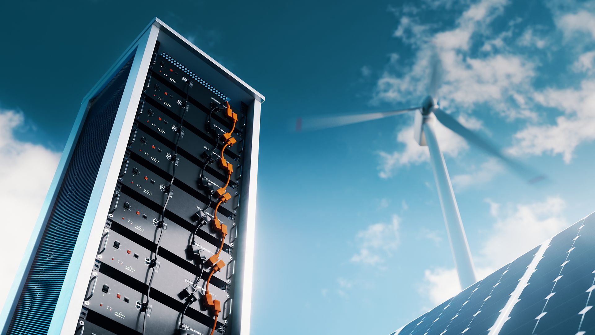 Stromspeicher mit Windrad und Solarpaneelen