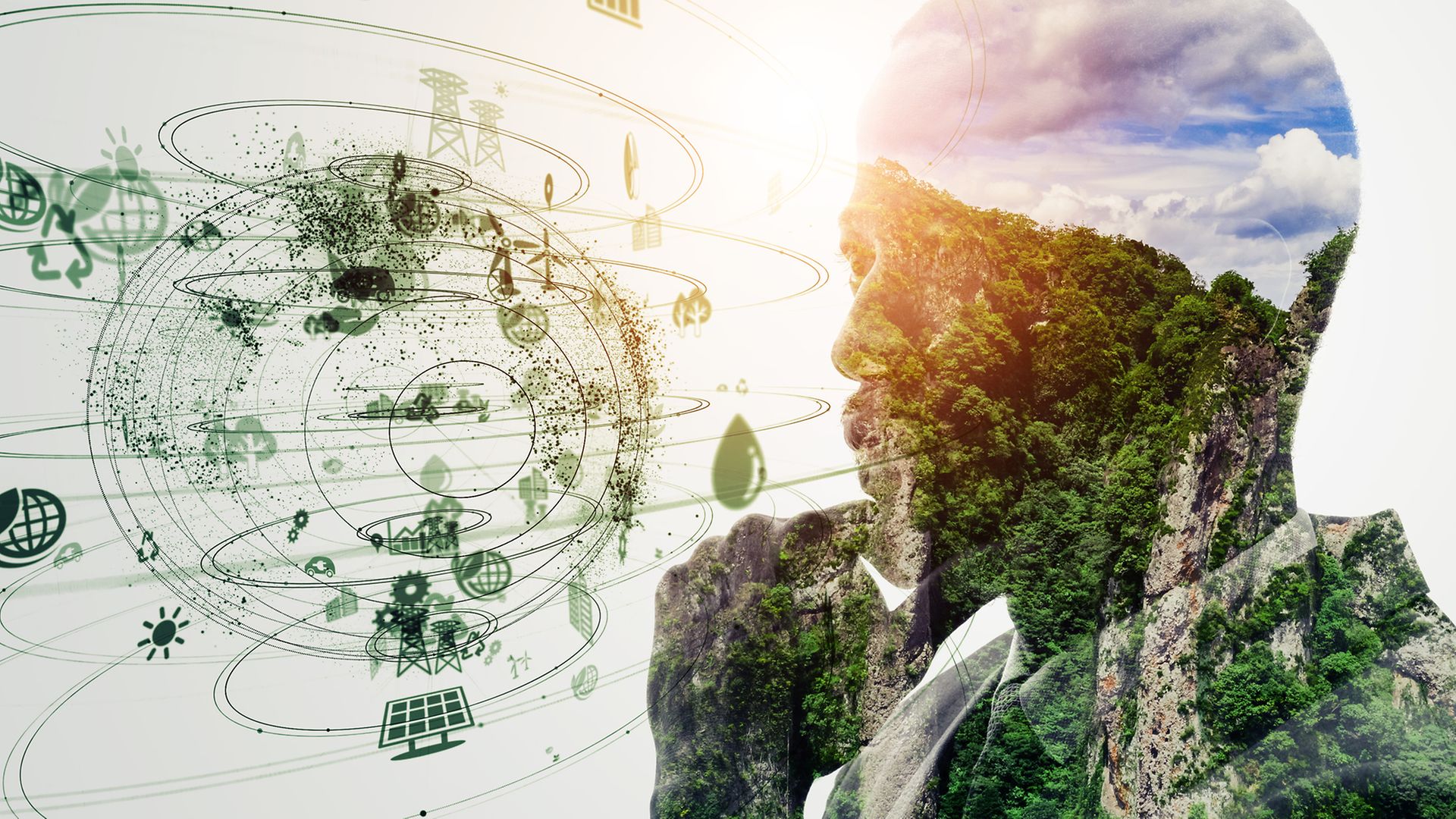 Umwelticons und Wald im Overlay mit Kopf