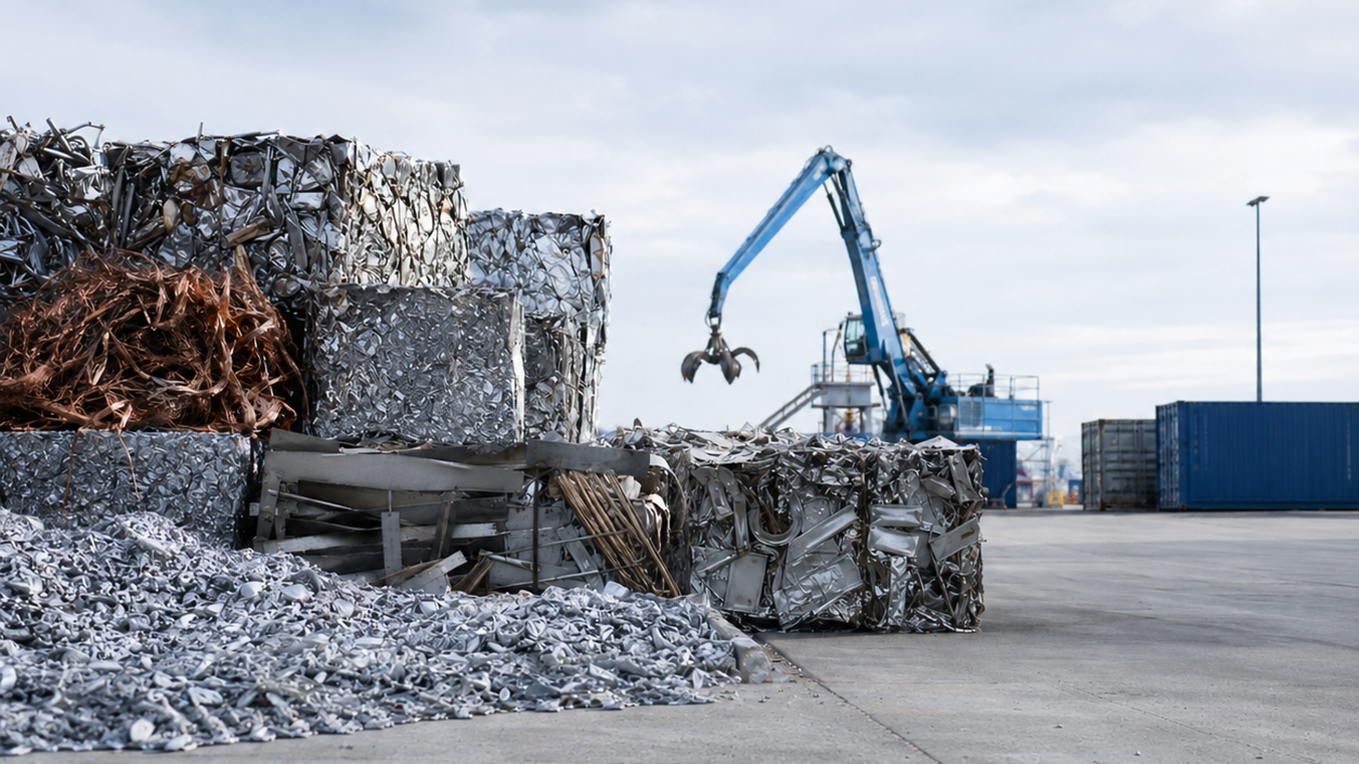 Export von Recycling-Material, Kran am Hafen