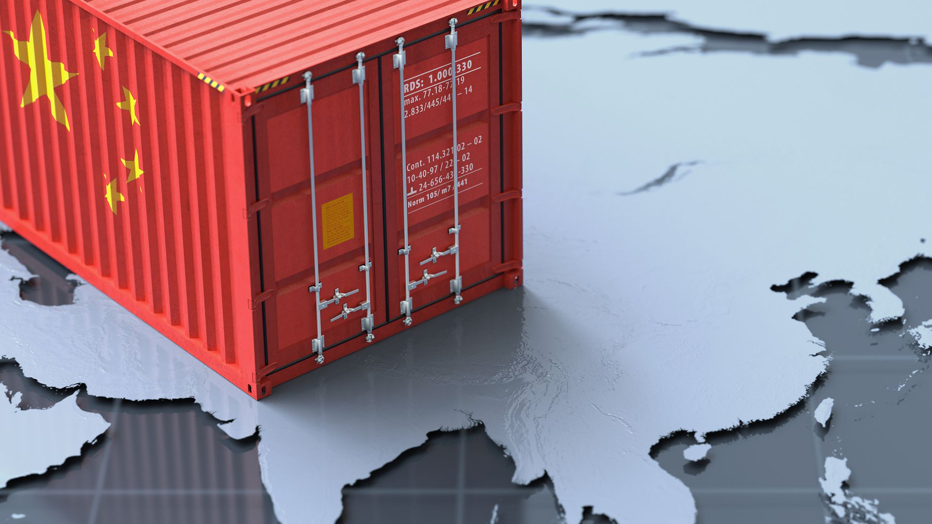 Container mit China Flagg steht auf einer großen Landkarte
