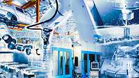 Bildmontage mit verschiedenen Elementen moderner Industrieproduktion: Roboterarme, Chips, etc.