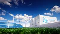 Wasserstoff Container mit Solarkollektor und Windrädern