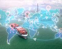 Containerschiff überlagert von einer Computeranimatio mit Weltkarte