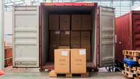Zollabwicklung: Offener Container mit Kisten auf Paletten im Vordergrund