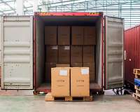 Zollabwicklung: Offener Container mit Kisten auf Paletten im Vordergrund