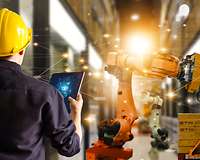 Mann überprüft Roboter per Tablet