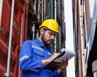 Ein Mann mit Helm steht zwischen zwei Schiffcontainern und schaut auf eine Liste